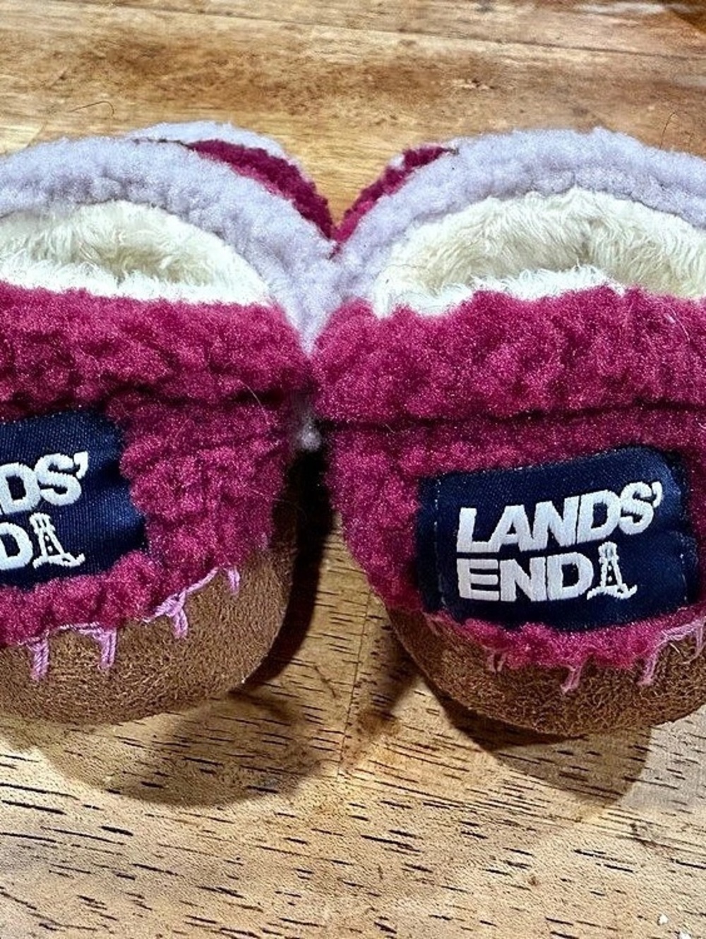 Lands' End Kids Fleece Slippers in Pink & White